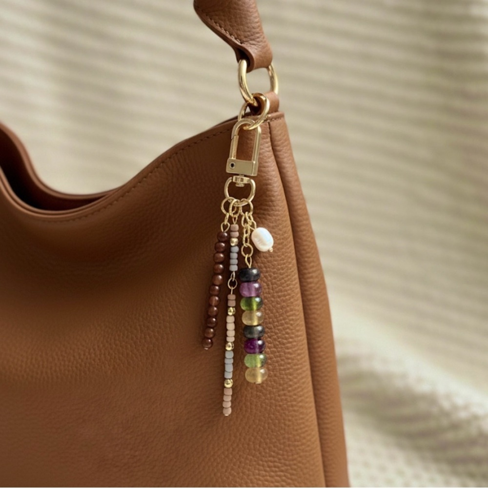 Lovely Earth Multicolor Beaded Bag Charm with Multiple Gold Tones & Real Pearl